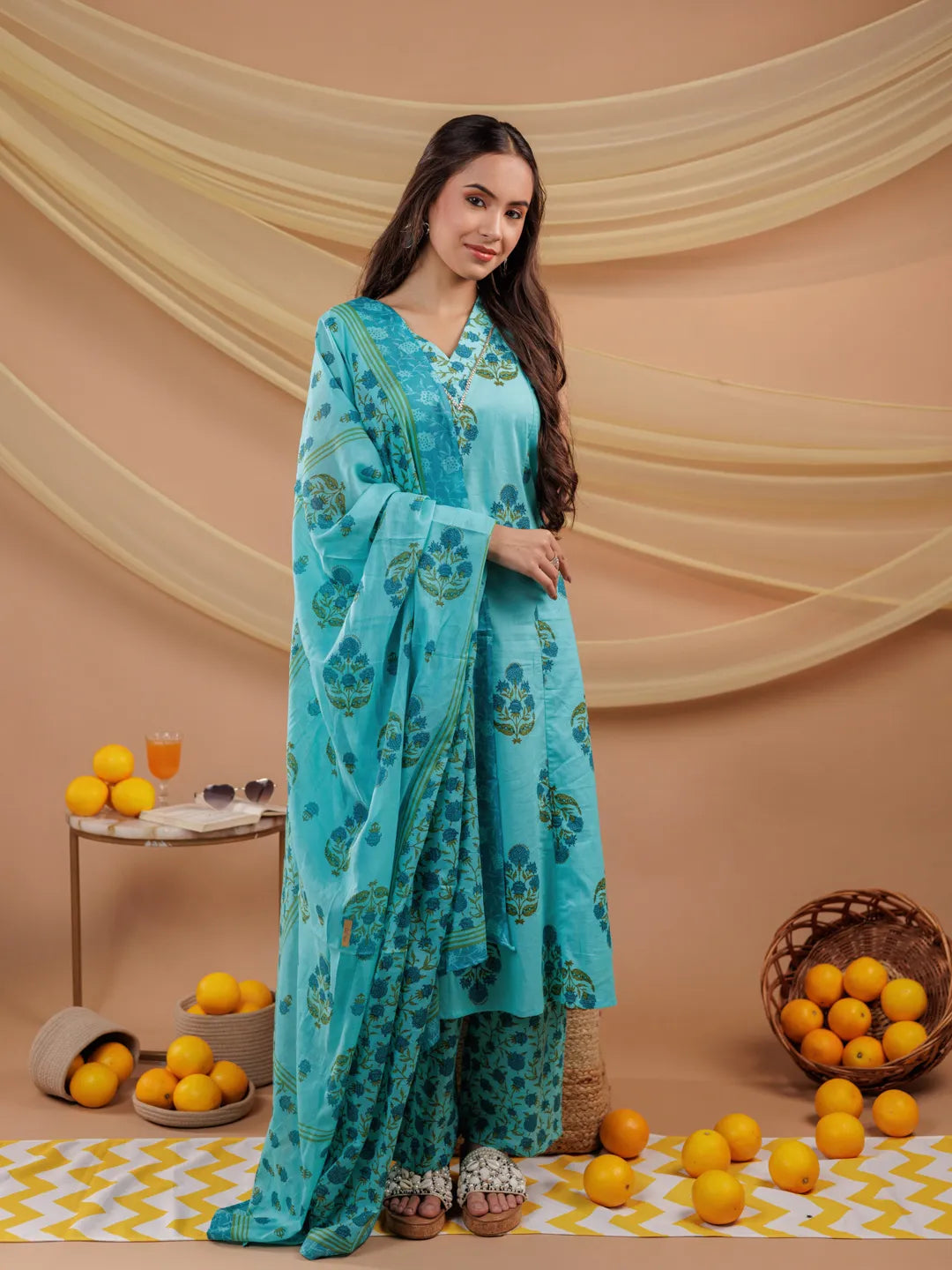 Yufta Blue Floral Print Pure Cotton A-Line Kurta Dupatta Set