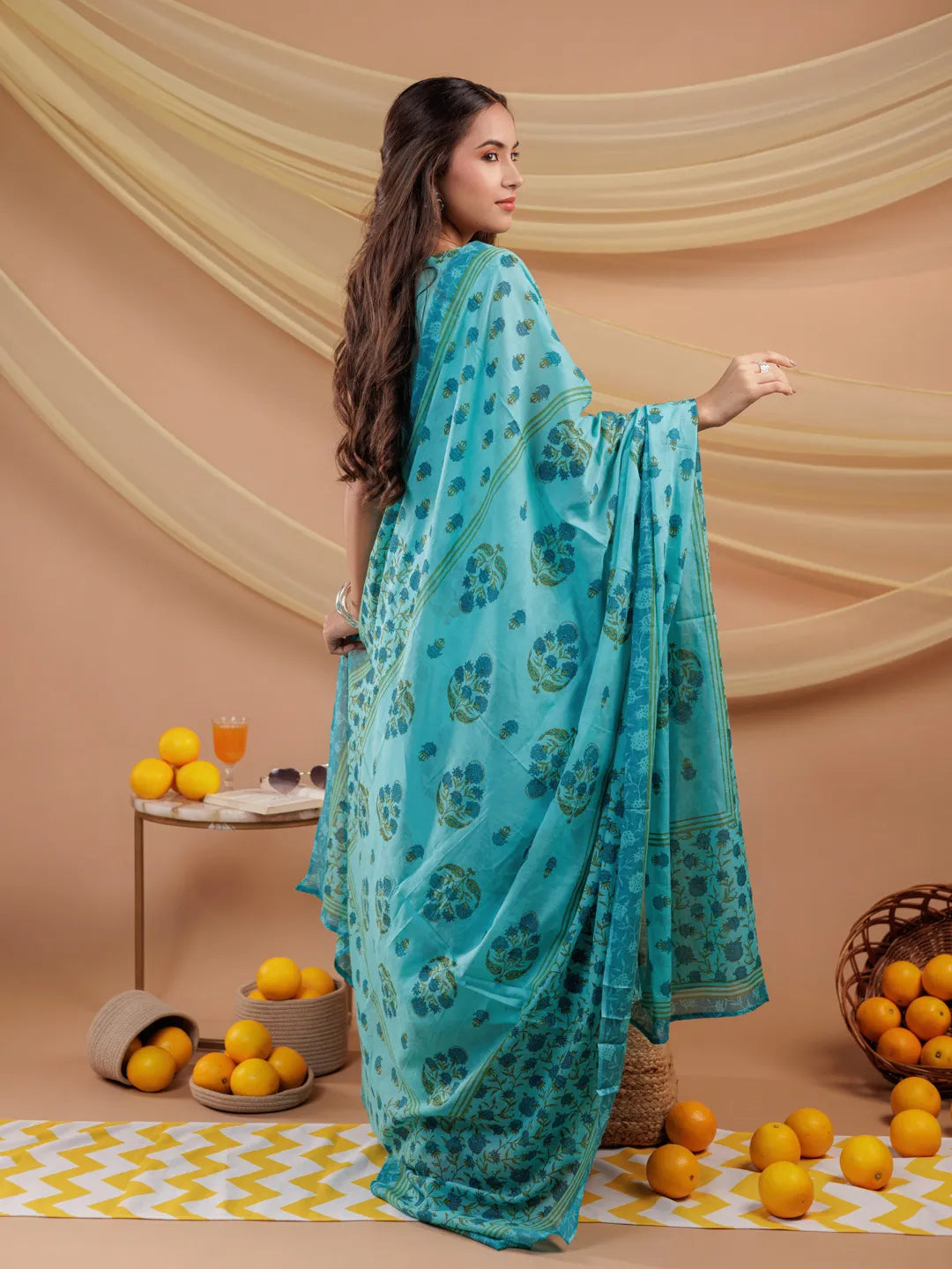 Yufta Blue Floral Print Pure Cotton A-Line Kurta Dupatta Set