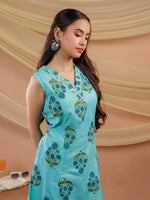 Thumbnail for Yufta Blue Floral Print Pure Cotton A-Line Kurta Dupatta Set