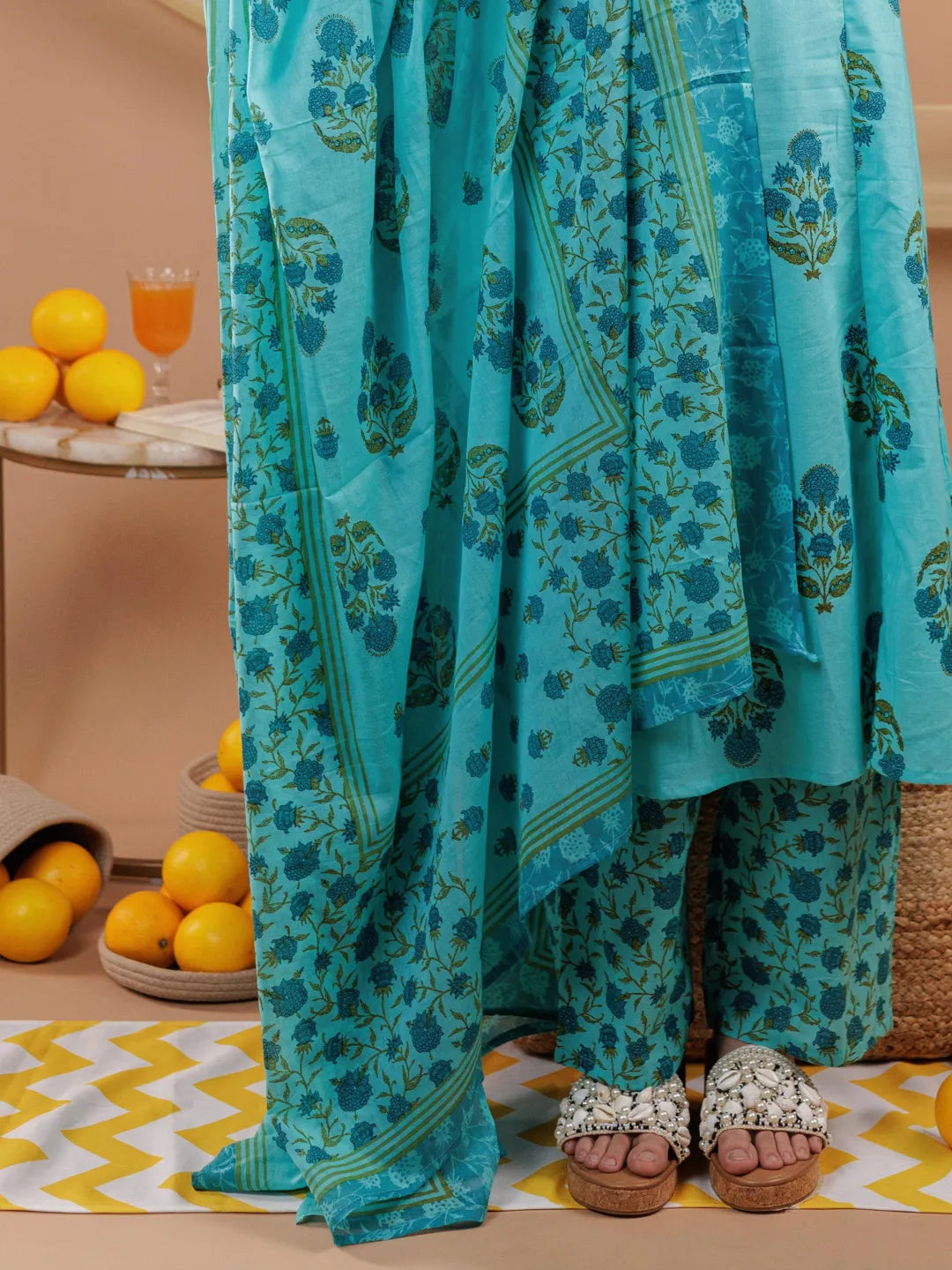 Yufta Blue Floral Print Pure Cotton A-Line Kurta Dupatta Set
