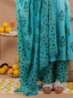 Thumbnail for Yufta Blue Floral Print Pure Cotton A-Line Kurta Dupatta Set
