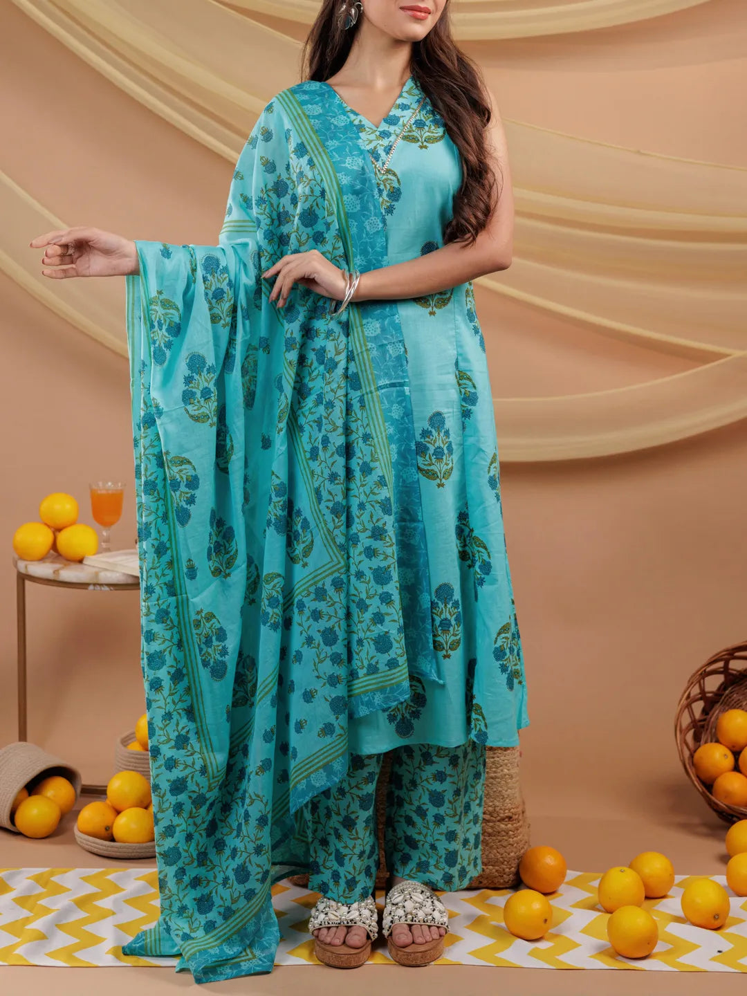 Yufta Blue Floral Print Pure Cotton A-Line Kurta Dupatta Set