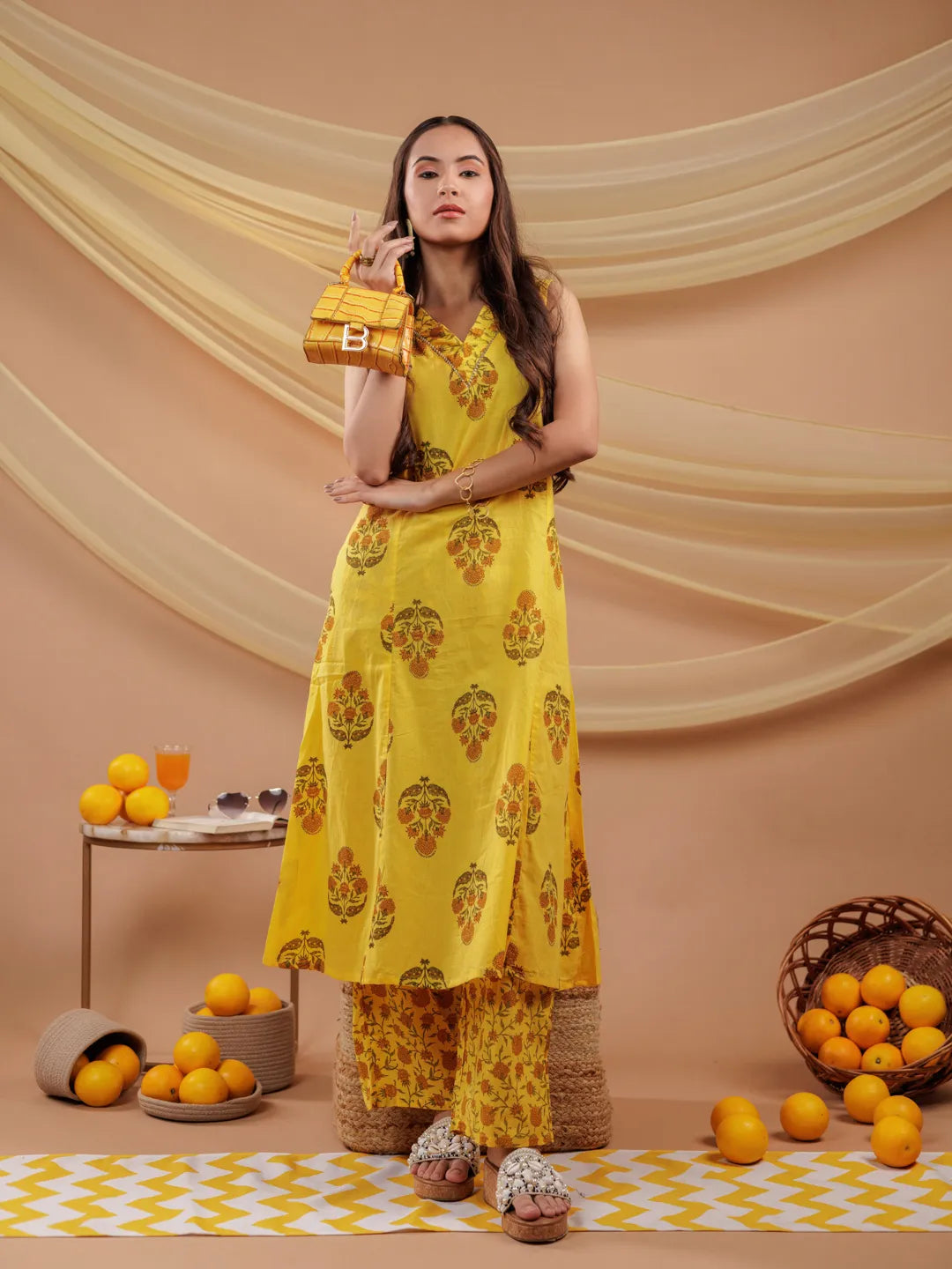 Yufta Mustard Floral_Print Pure Cotton A-Line Kurta Dupatta Set - Distacart