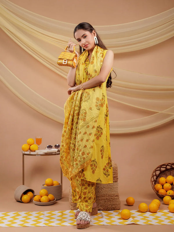 Yufta Mustard Floral_Print Pure Cotton A-Line Kurta Dupatta Set
