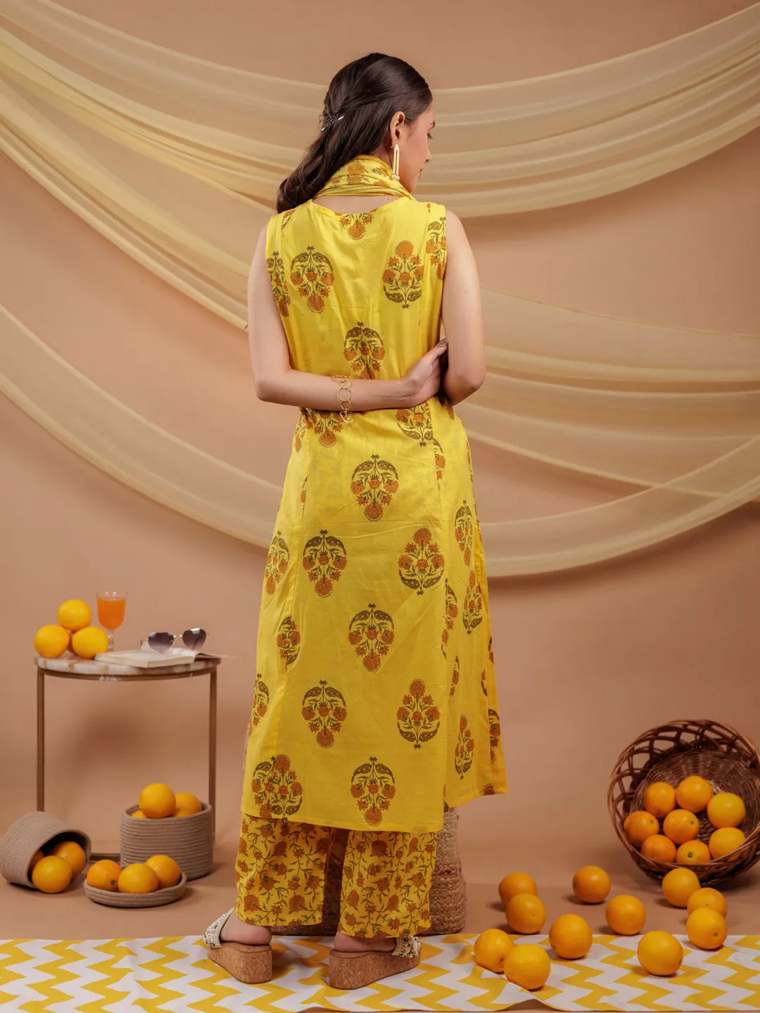 Yufta Mustard Floral_Print Pure Cotton A-Line Kurta Dupatta Set
