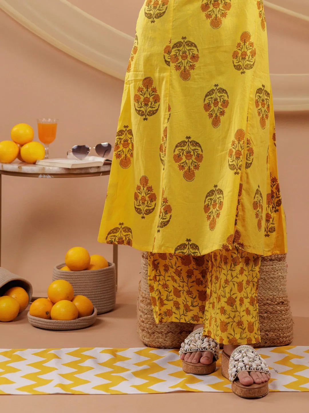 Yufta Mustard Floral_Print Pure Cotton A-Line Kurta Dupatta Set