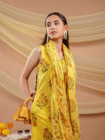 Thumbnail for Yufta Mustard Floral_Print Pure Cotton A-Line Kurta Dupatta Set