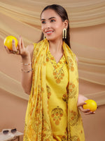 Thumbnail for Yufta Mustard Floral_Print Pure Cotton A-Line Kurta Dupatta Set