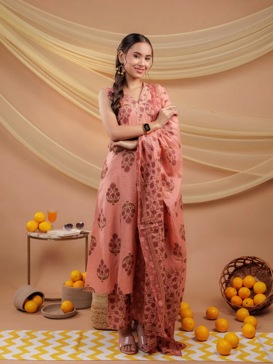 Yufta Peach Floral_Print Pure Cotton A-Line Kurta Dupatta Set - Distacart