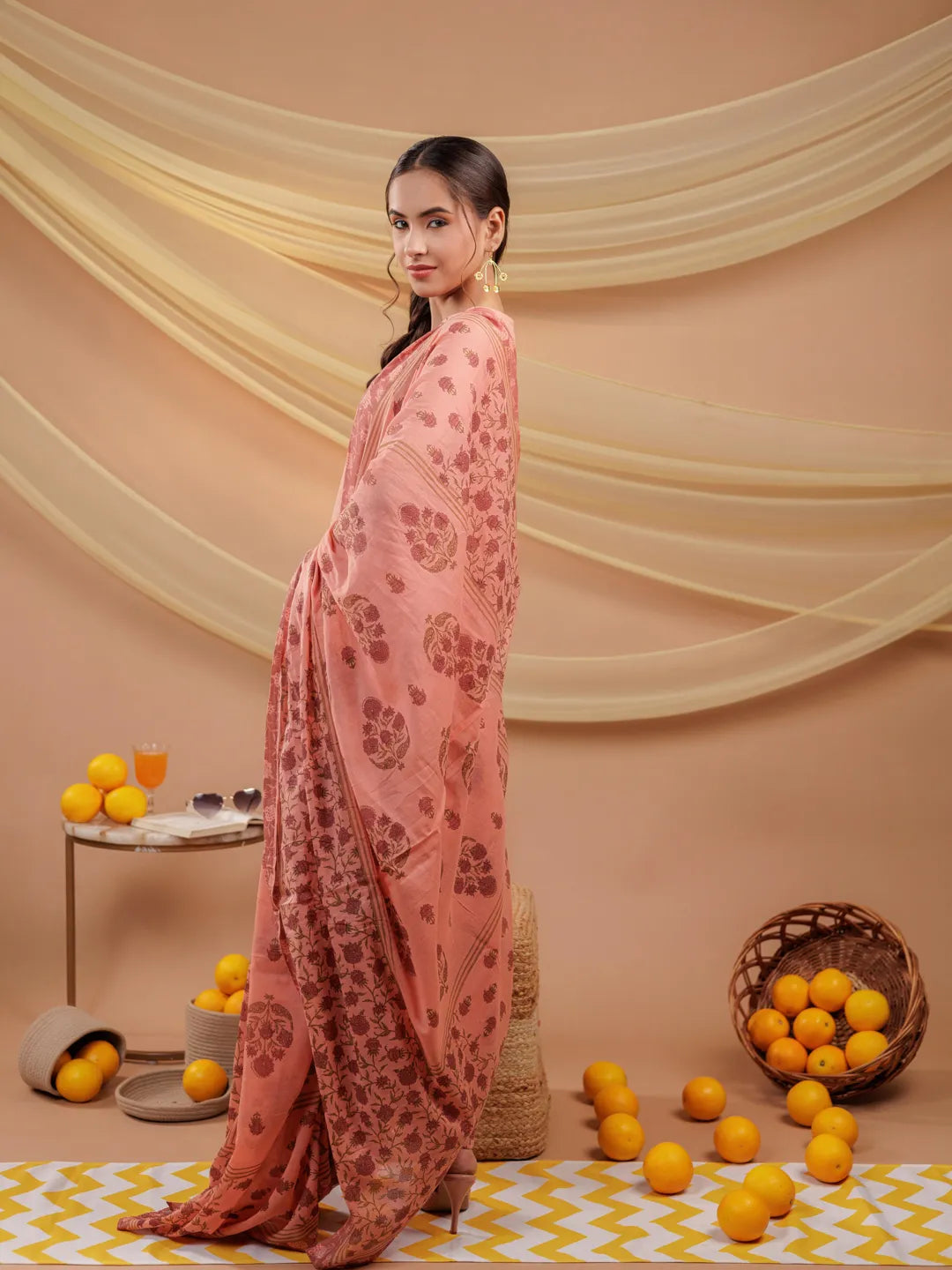 Yufta Peach Floral_Print Pure Cotton A-Line Kurta Dupatta Set - Distacart