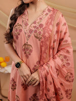 Thumbnail for Yufta Peach Floral_Print Pure Cotton A-Line Kurta Dupatta Set