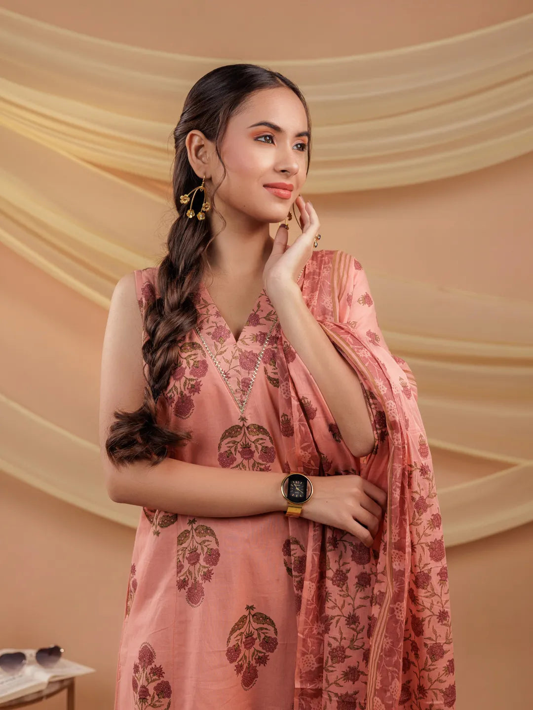 Yufta Peach Floral_Print Pure Cotton A-Line Kurta Dupatta Set