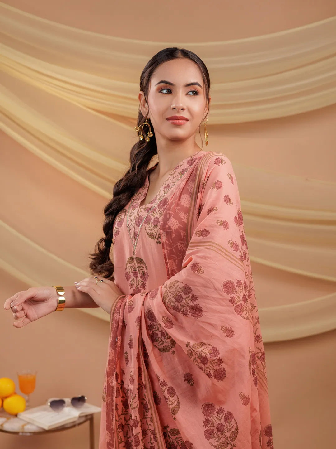 Yufta Peach Floral_Print Pure Cotton A-Line Kurta Dupatta Set