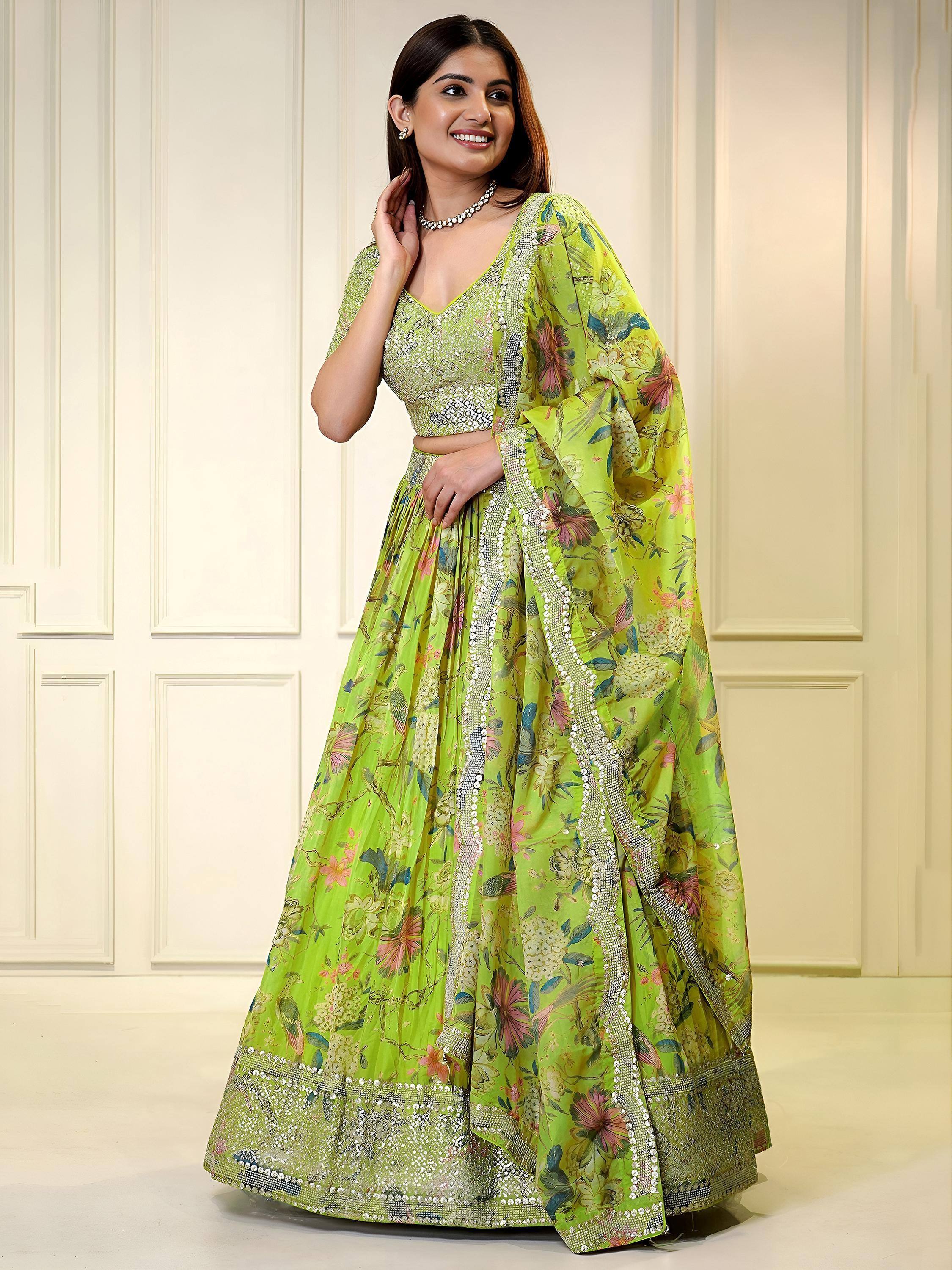 Tulsi Art Charming Neon Green Sequins Organza Function Wear Lehenga Choli - Dista