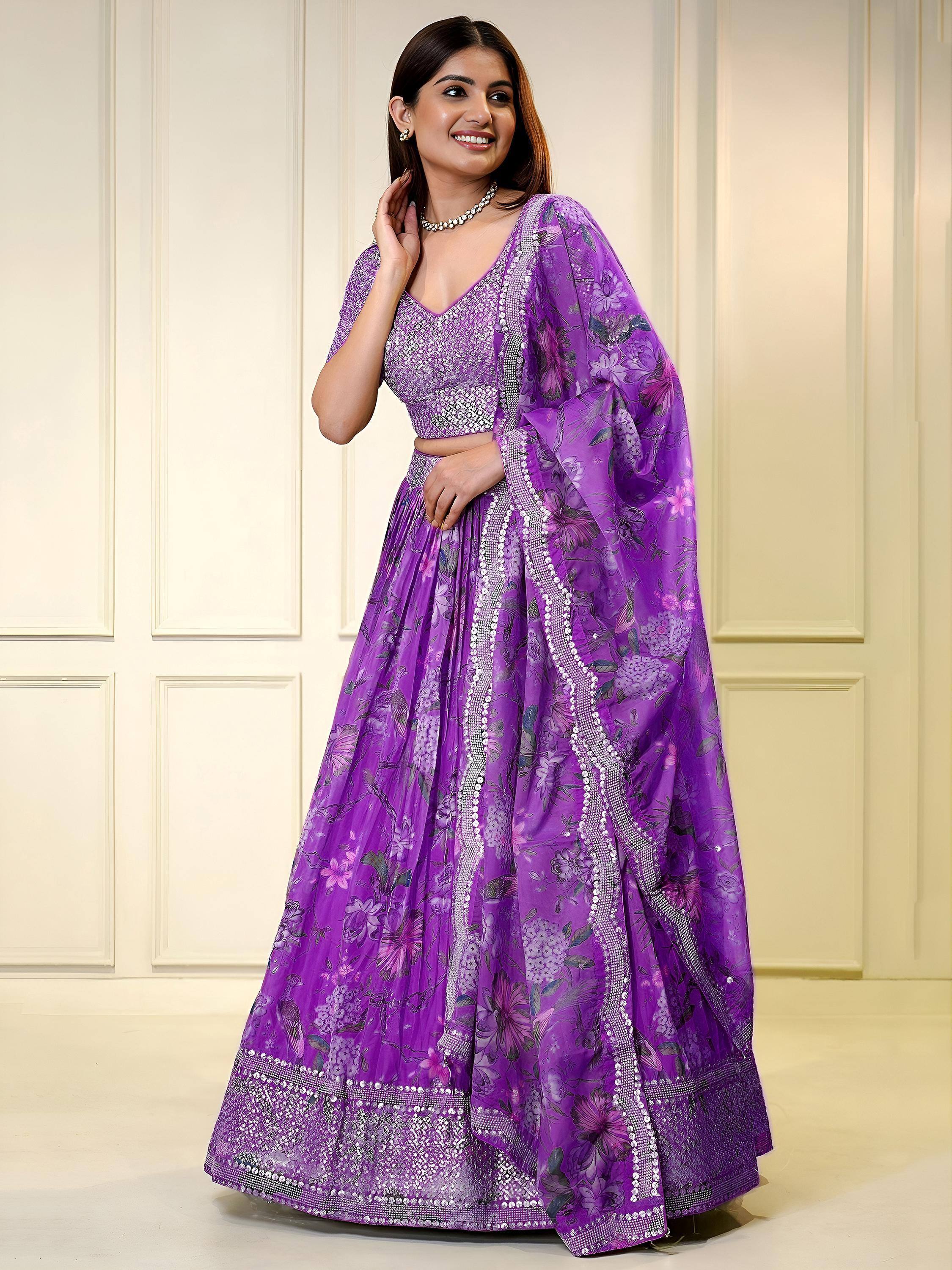 Tulsi Art Alluring Purple Color Sequins Organza Function Wear Lehenga Choli - Dista
