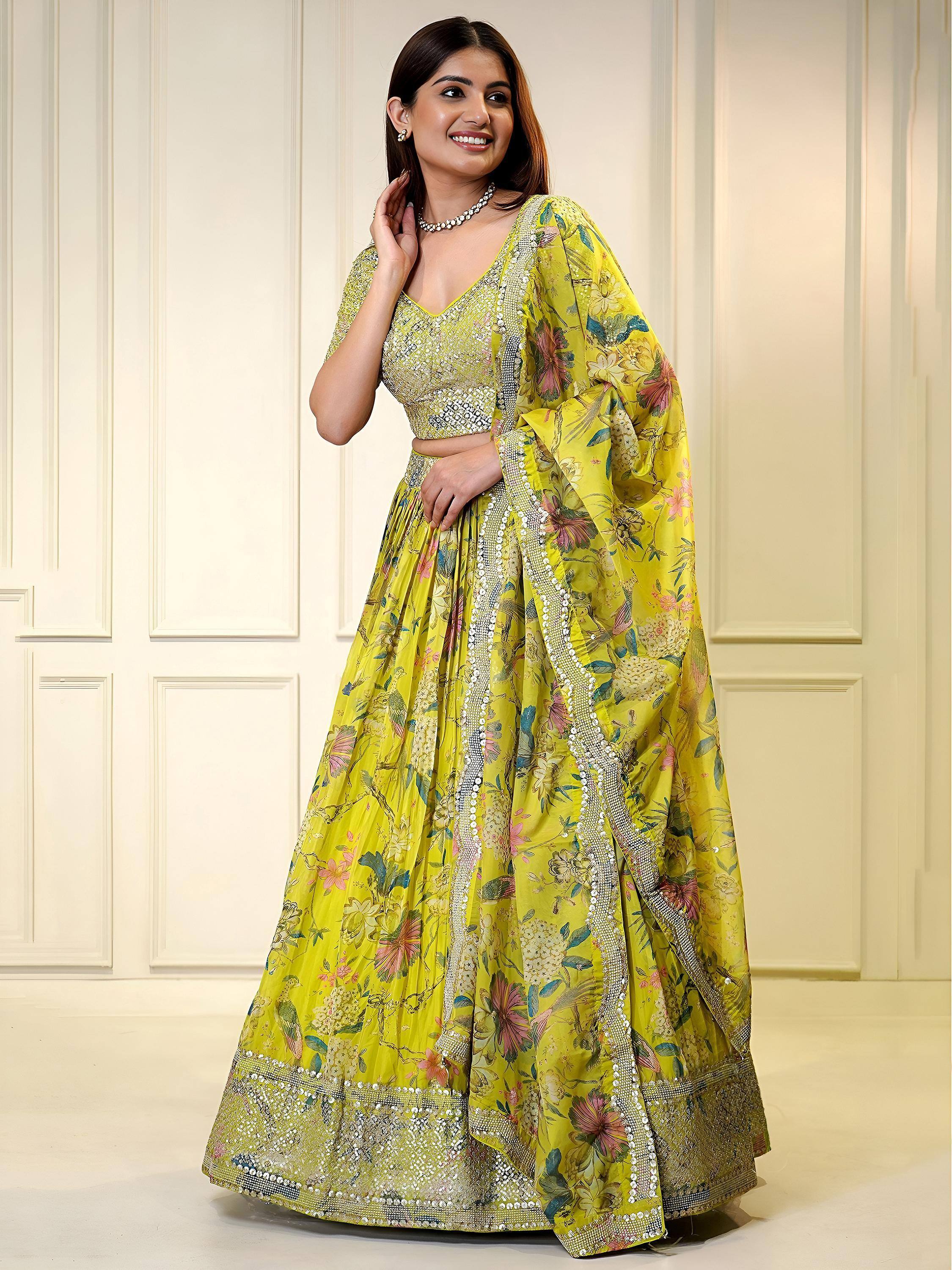 Tulsi Art Fabulous Yellow Sequins Organza Haldi Wear Lehenga Choli With Dupatta - Dista
