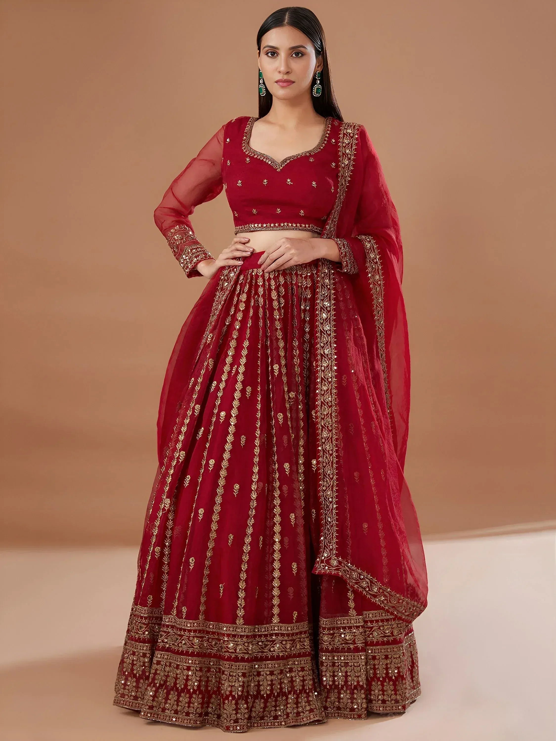 Tulsi Art Fantastic Red Zari Embroidered Organza Wedding Lehenga Choli - Dista