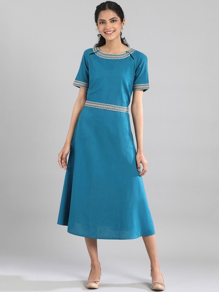 AURELIA Women Blue Solid A-Line Dress - Distacart