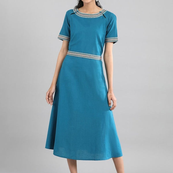 AURELIA Women Blue Solid A-Line Dress - Distacart
