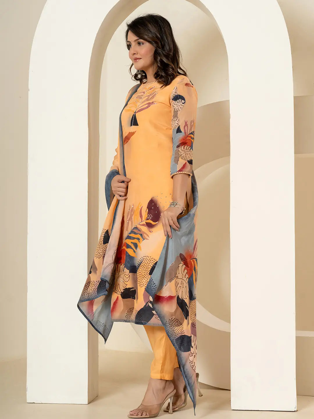 Yufta Orange Pure Crepe Placement Print Kurta Dupatta Set - Distacart