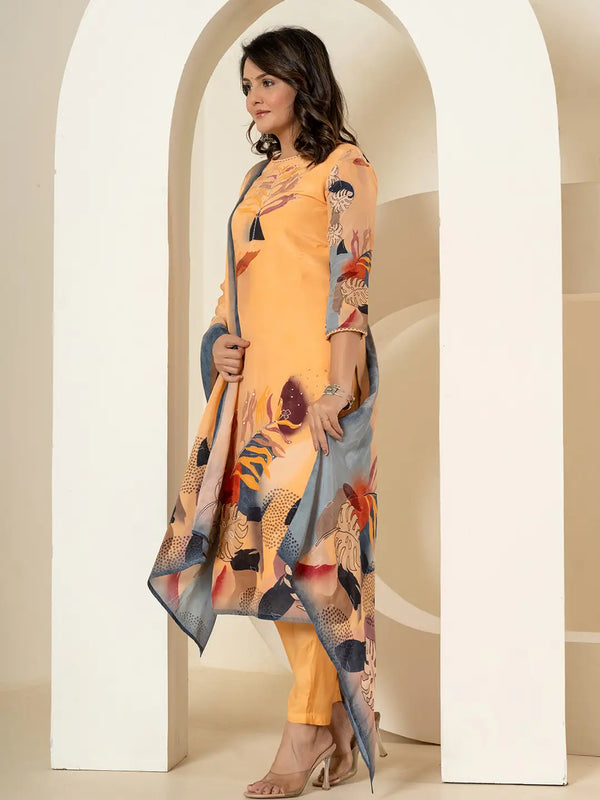 Yufta Orange Pure Crepe Placement Print Kurta Dupatta Set