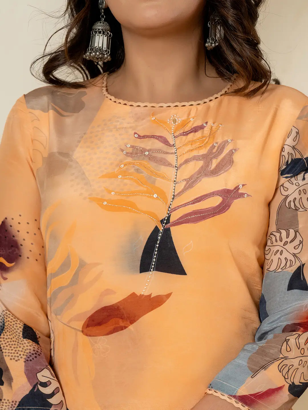 Yufta Orange Pure Crepe Placement Print Kurta Dupatta Set