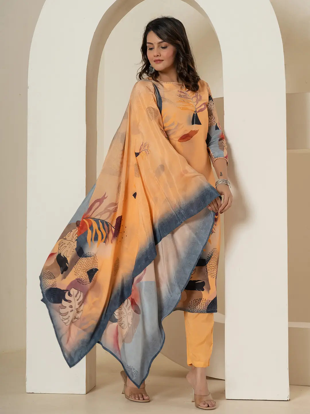 Yufta Orange Pure Crepe Placement Print Kurta Dupatta Set