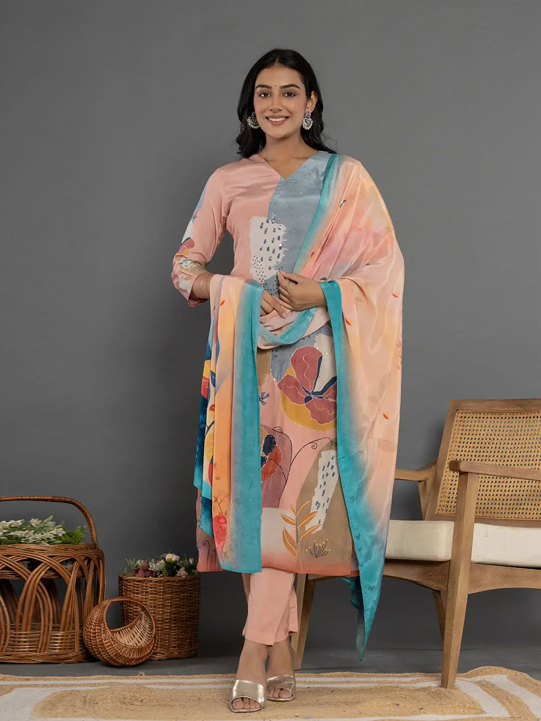 Yufta Multi Pure Crepe Placement Print Kurta Dupatta Set - Distacart