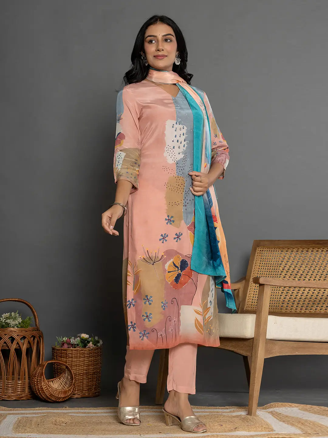 Yufta Multi Pure Crepe Placement Print Kurta Dupatta Set - Distacart