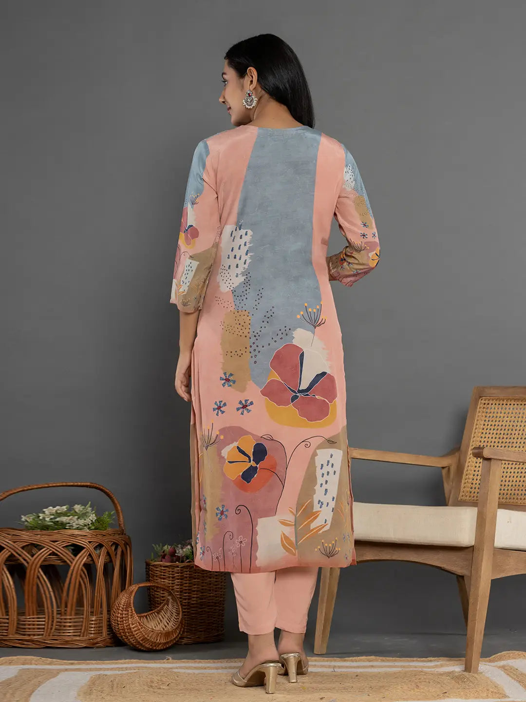 Yufta Multi Pure Crepe Placement Print Kurta Dupatta Set