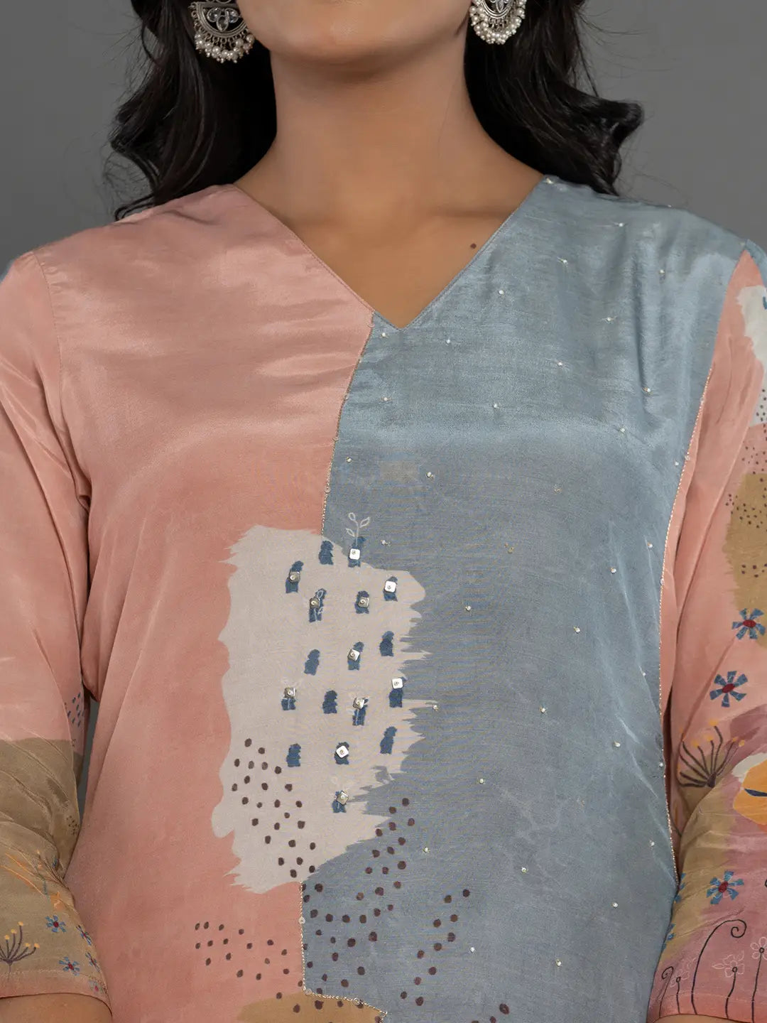 Yufta Multi Pure Crepe Placement Print Kurta Dupatta Set