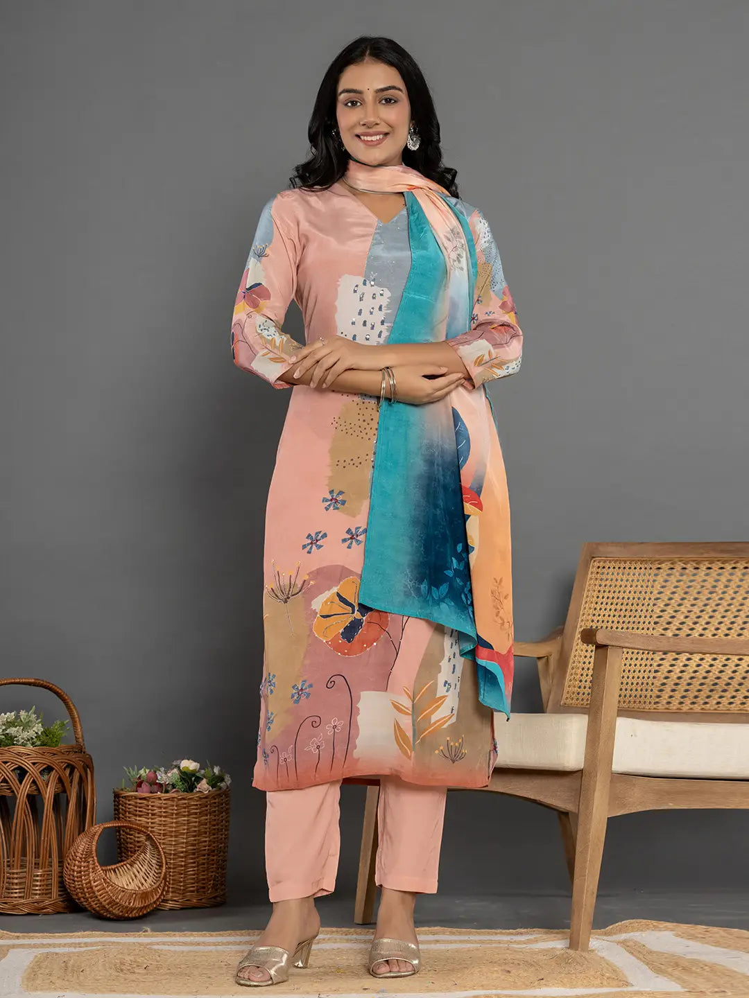 Yufta Multi Pure Crepe Placement Print Kurta Dupatta Set