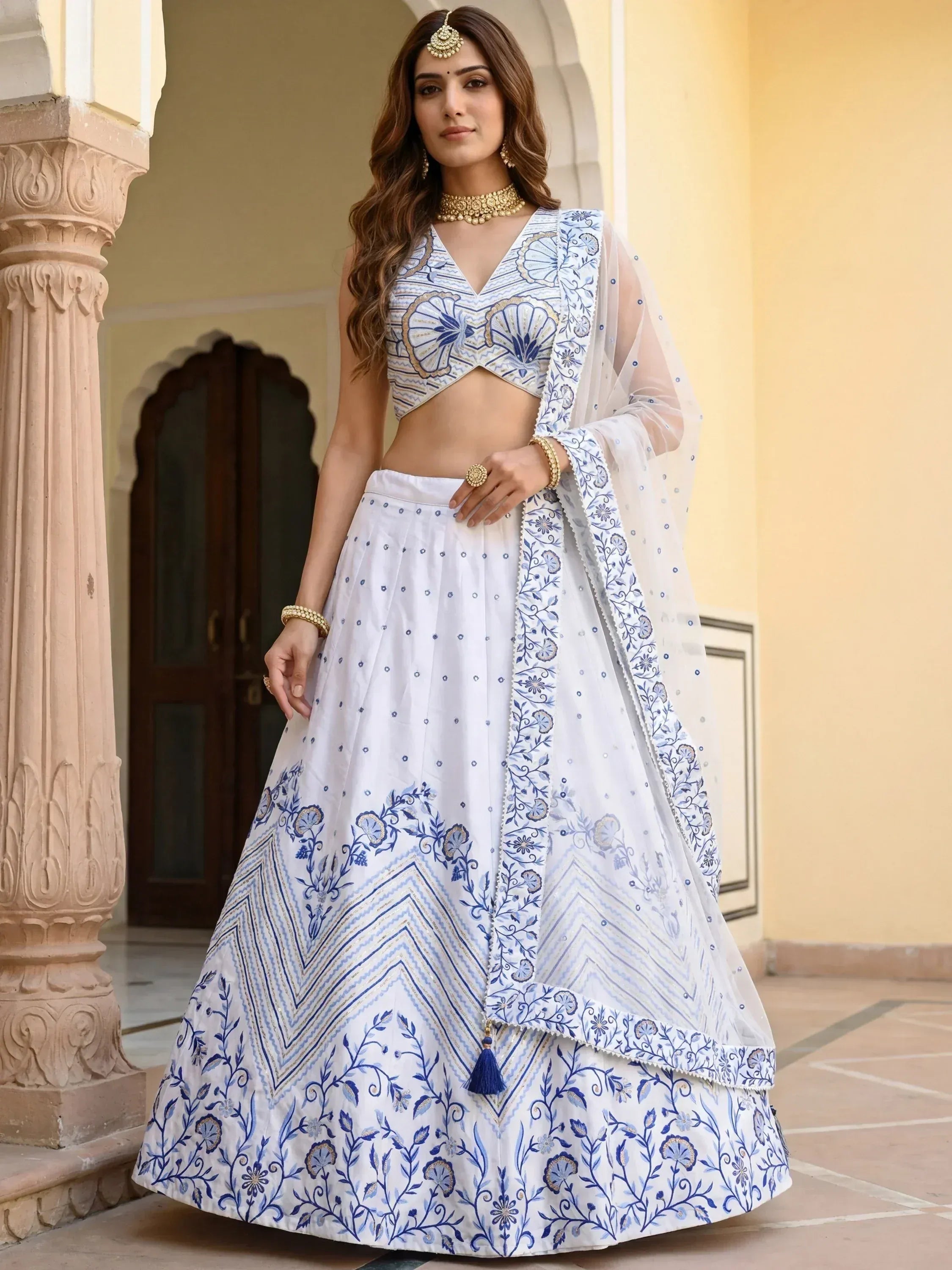 Tulsi Art Awesome White Embroidered Satin Sangeet Wear Lehenga Choli - Dista