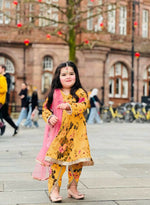Thumbnail for Divine Drape Girl's Faux Georgette Digital Print Flared Top Dhoti With Dupatta - Yellow