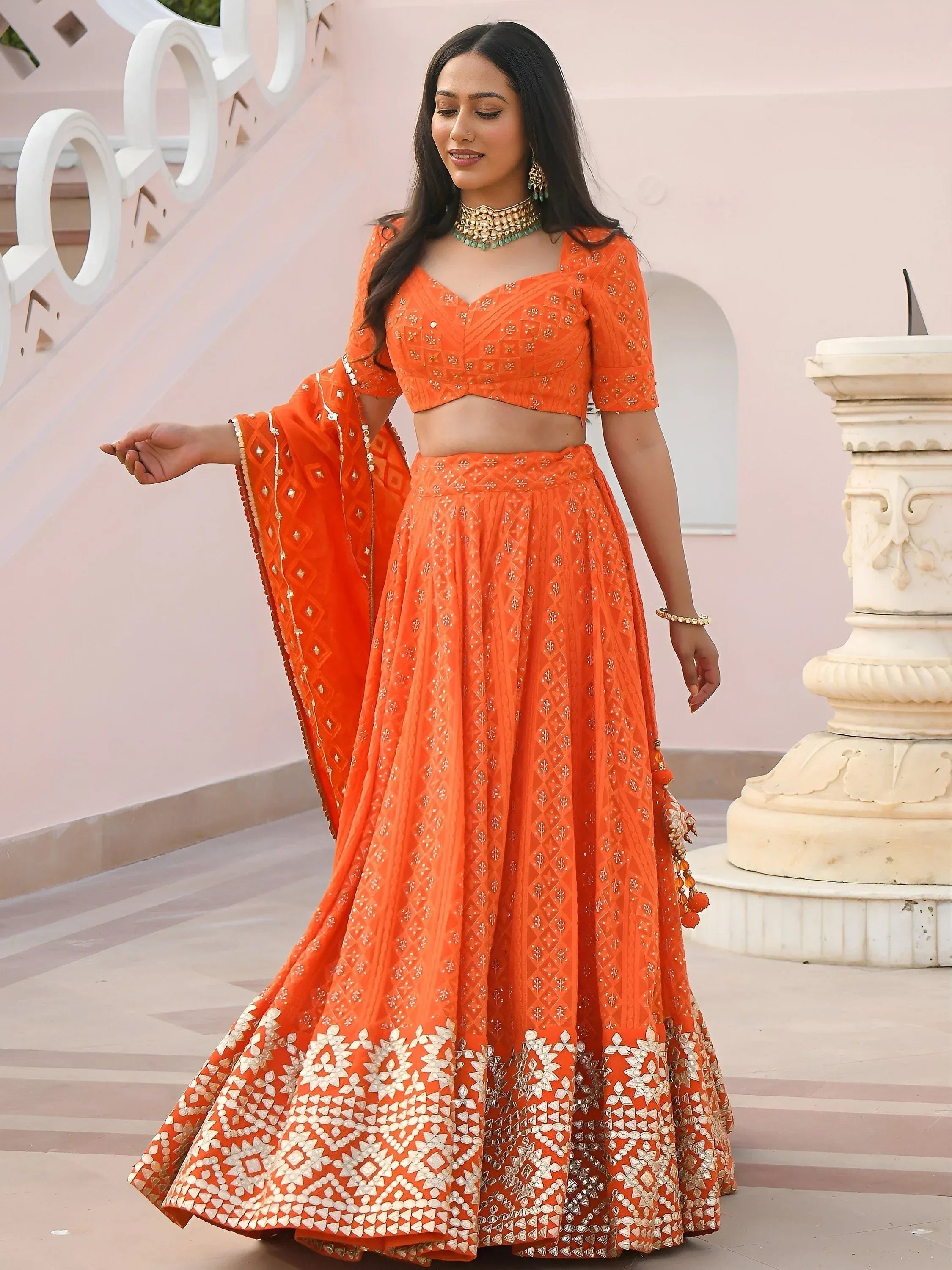 Tulsi Art Pretty Orange Sequins Georgette Sangeet Wear Lehenga Choli - Dista