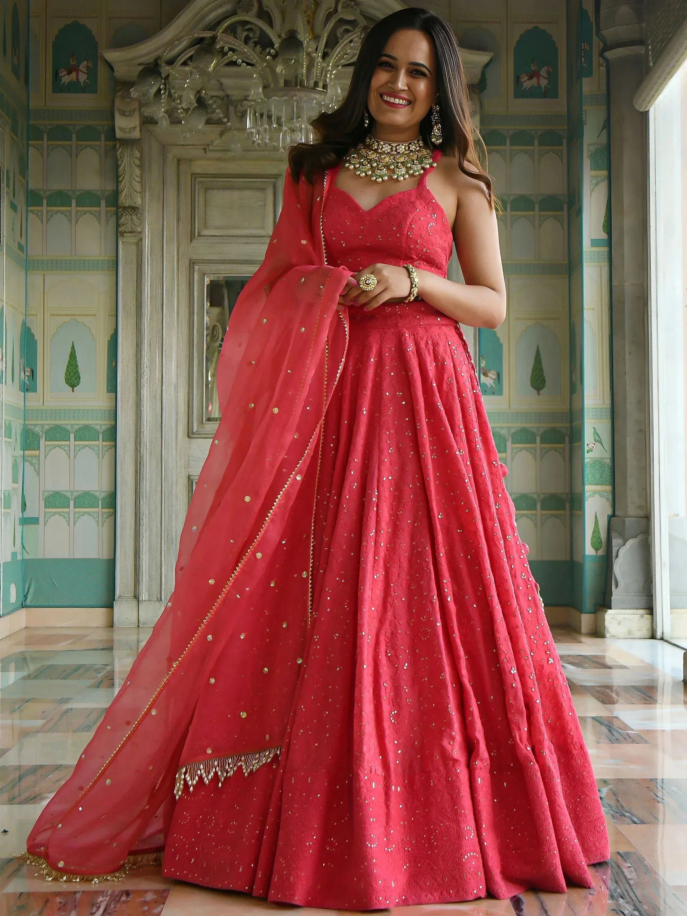 Tulsi Art Lovely Pink Sequins Embroidered Georgette Wedding Wear Lehenga Choli - Dista