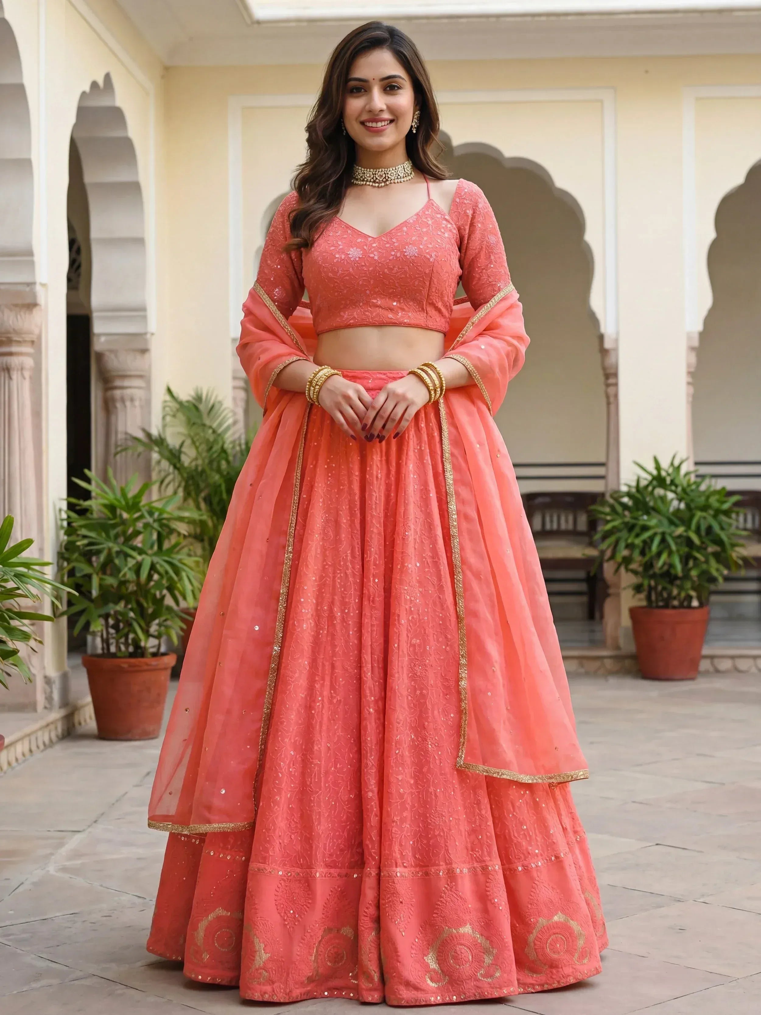 Tulsi Art Impressive Peach Embroidered Georgette Festival Wear Lehenga Choli - Dista