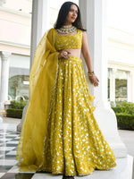 Thumbnail for Tulsi Art Stunning Yellow Thread Embroidered Georgette Wedding Lehenga Choli
