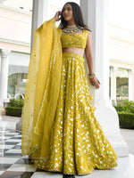 Thumbnail for Tulsi Art Stunning Yellow Thread Embroidered Georgette Wedding Lehenga Choli