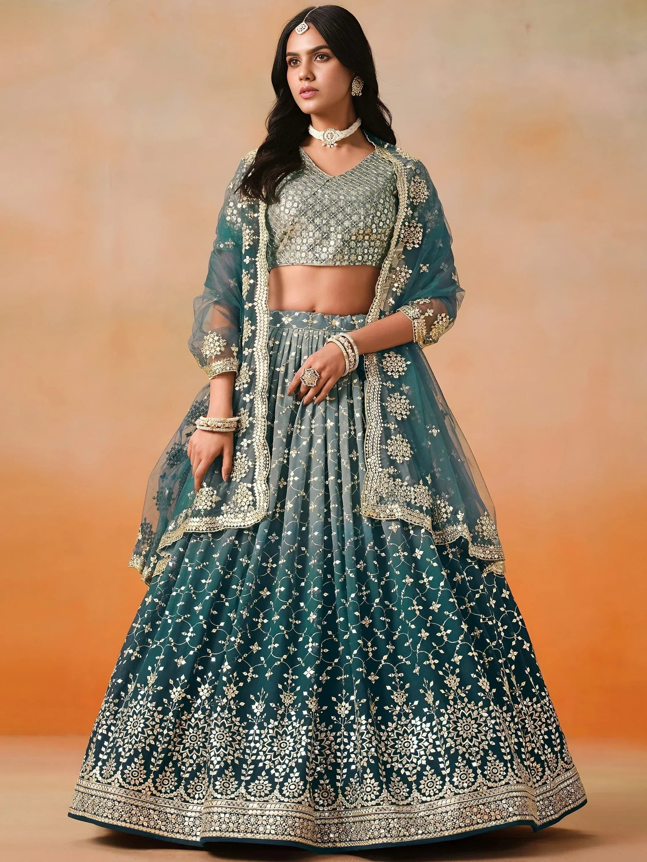 Tulsi Art Glamorous Dove Blue Sequins Embroidered Georgette Lehenga Choli - Dista