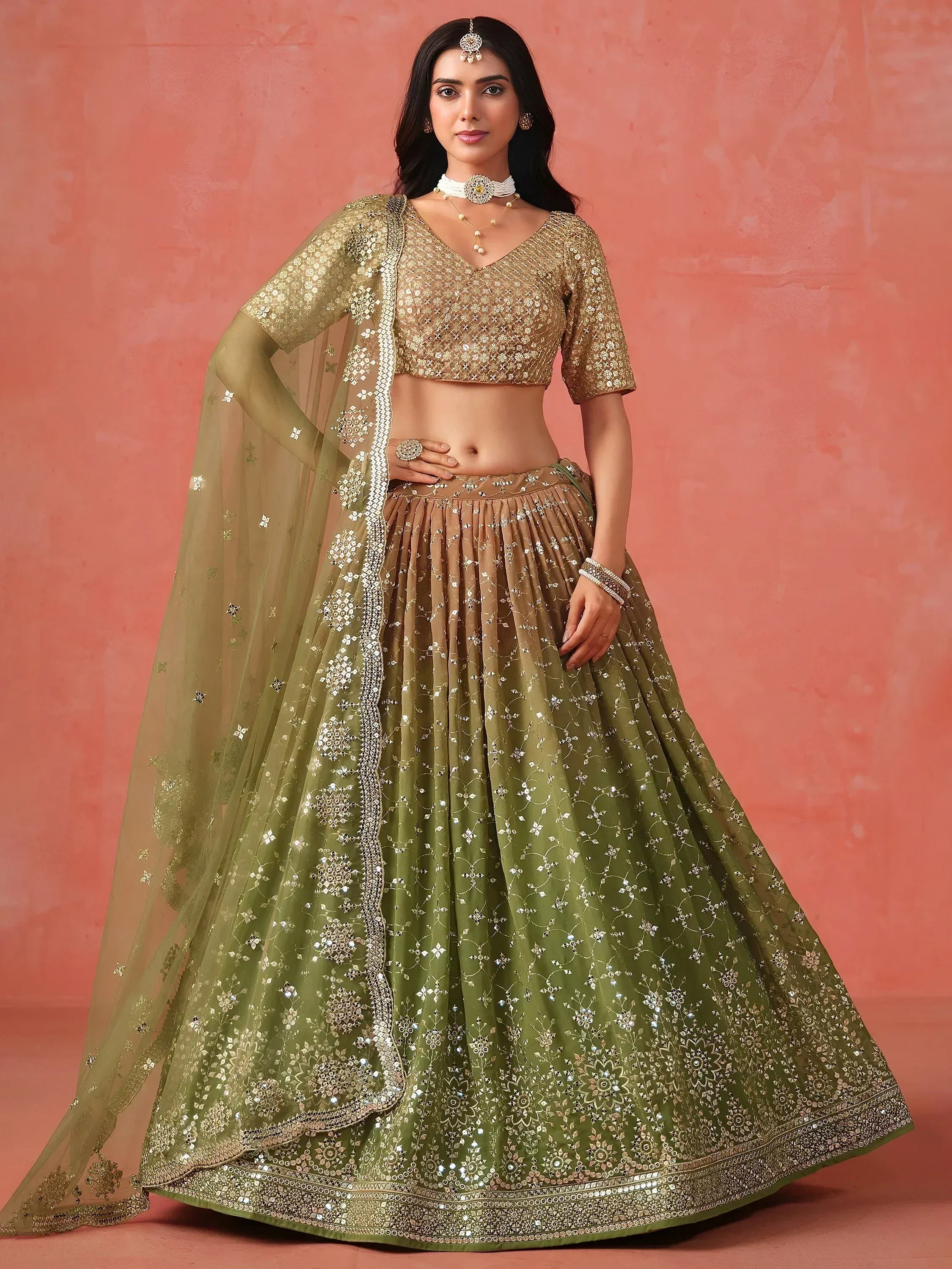 Tulsi Art Beautiful Green Sequins Embroidered Mehendi Wear Lehenga Choli - Dista