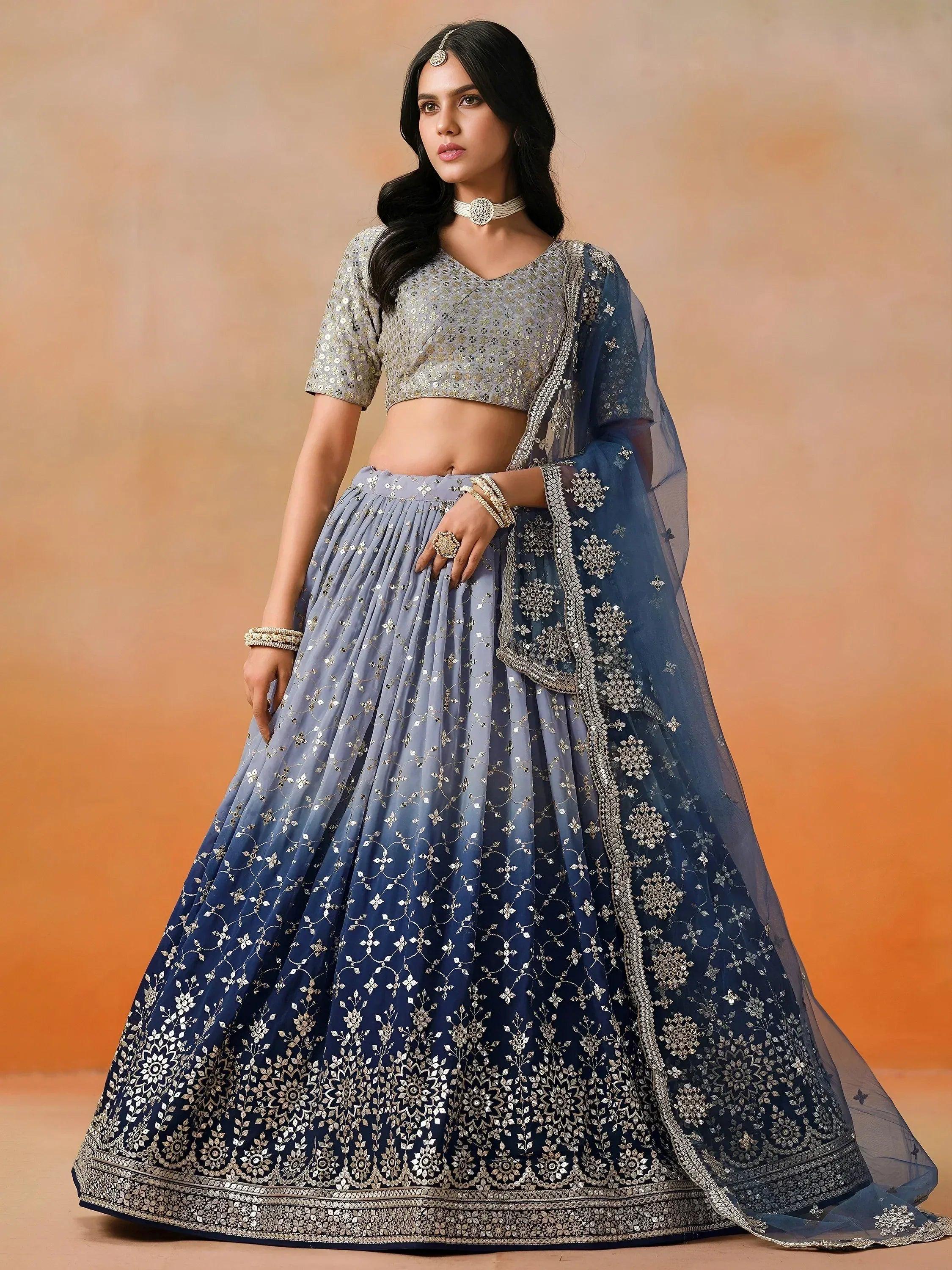 Tulsi Art Attractive Navy Blue Embroidered Reception Wear Lehenga Choli - Dista