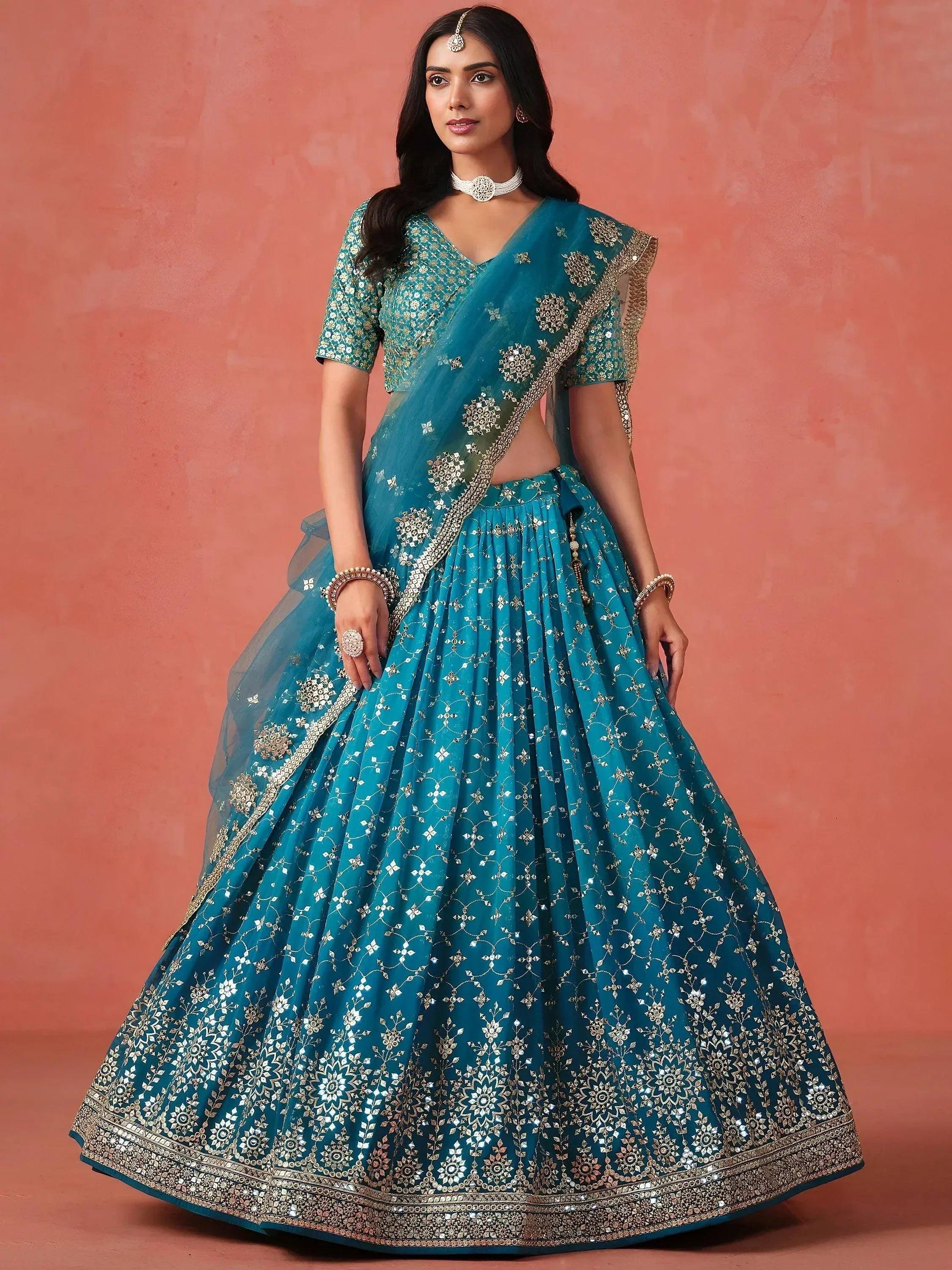 Tulsi Art Adorable Teal Blue Georgette Zari Embroidered Lehenga Choli - Dista