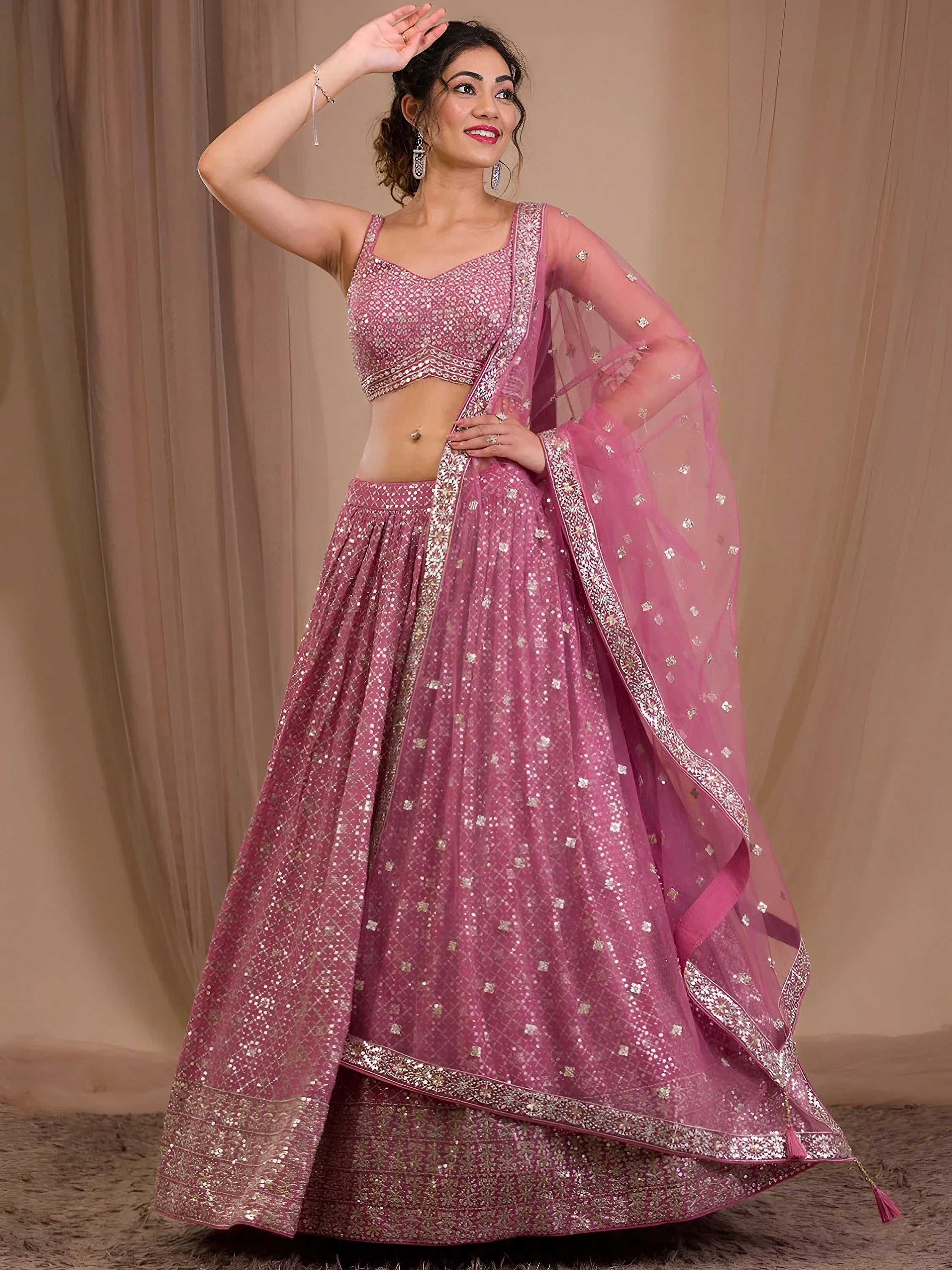 Tulsi Art Alluring Pink Sequins Georgette Engagement Wear Lehenga Choli - Dista