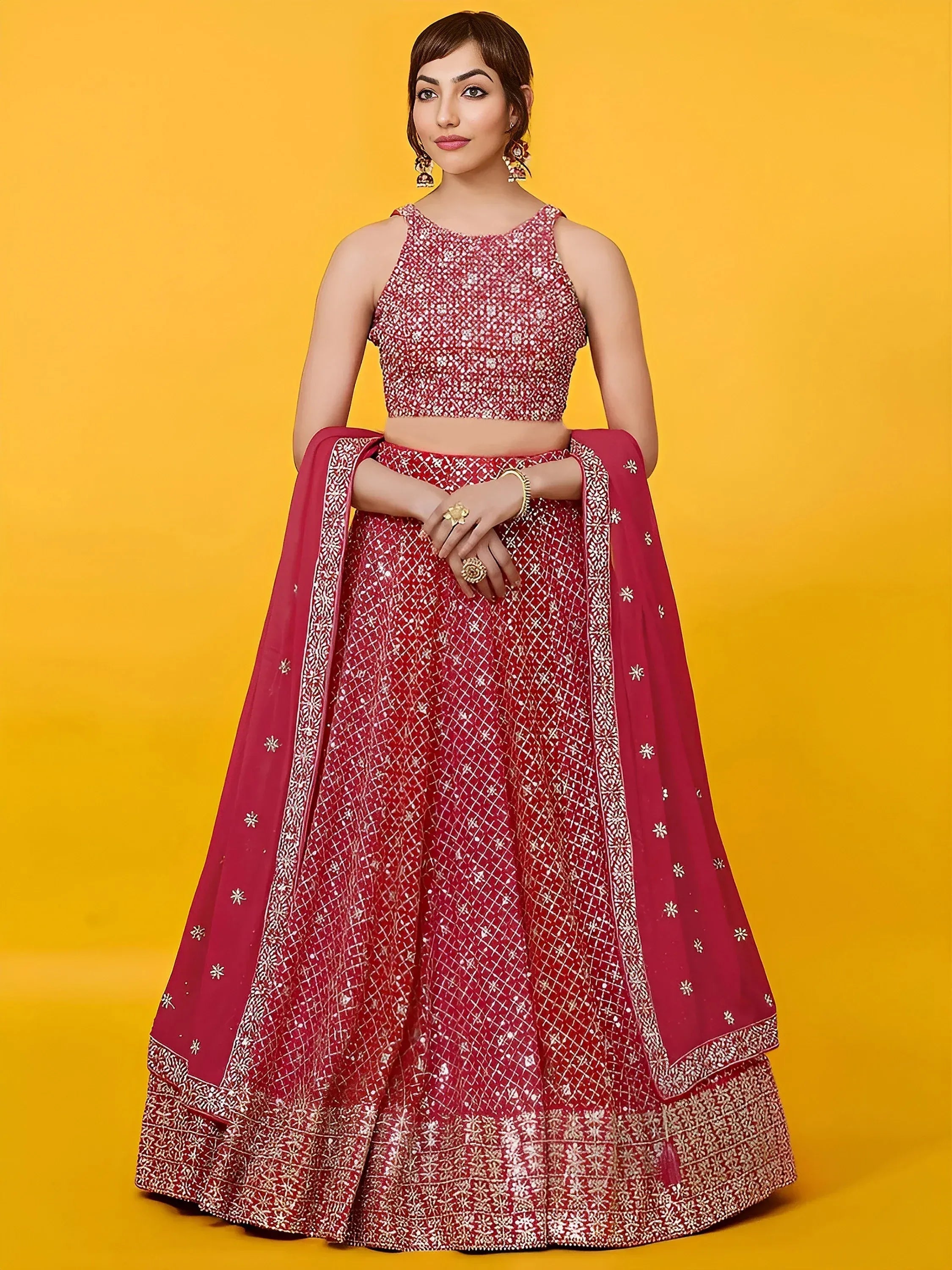 Tulsi Art Adorable Red Sequins Georgette Wedding Lehenga Choli With Dupatta - Dista