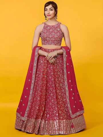 Tulsi Art Adorable Red Sequins Georgette Wedding Lehenga Choli With Dupatta - Dista