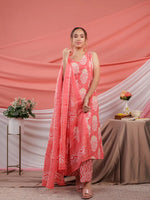 Thumbnail for Yufta Pink Cotton Floral Print Cotton A-Line Kurta Dupatta Set