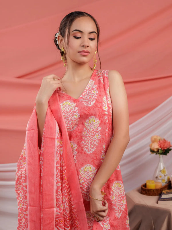Yufta Pink Cotton Floral Print Cotton A-Line Kurta Dupatta Set