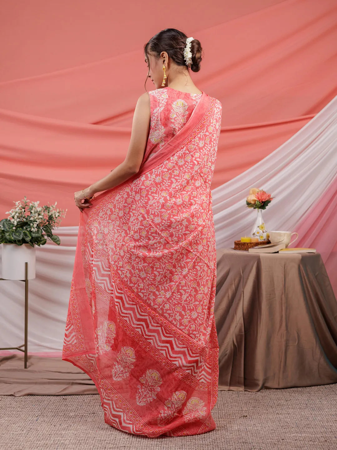 Yufta Pink Cotton Floral Print Cotton A-Line Kurta Dupatta Set