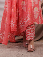 Thumbnail for Yufta Pink Cotton Floral Print Cotton A-Line Kurta Dupatta Set